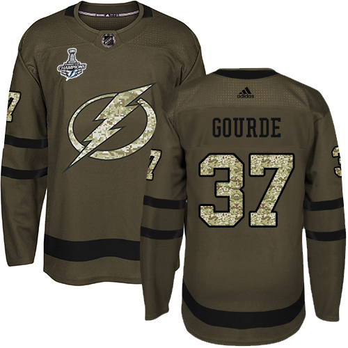 Men Adidas Tampa Bay Lightning #37 Yanni Gourde Green Salute to Service 2020 Stanley Cup Champions Stitched NHL Jersey